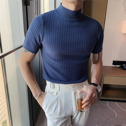 Strick-T-Shirt | Hoher Kragen | Kurzarm | Rollkragen-T-Shirt | Herrenbekleidung-Blau-M-Chaps Herrenmode