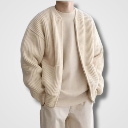 Strickjacke | Full Zip | Chunky | Zip-Up Cardigan | Strickjacke für Männer-Beige-S-Chaps Herrenmode