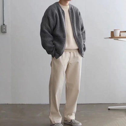 Strickjacke – Grob gestrickte Herrenjacke mit durchgehendem Reißverschluss und Taschen-Grau-S-Chaps Herrenmode