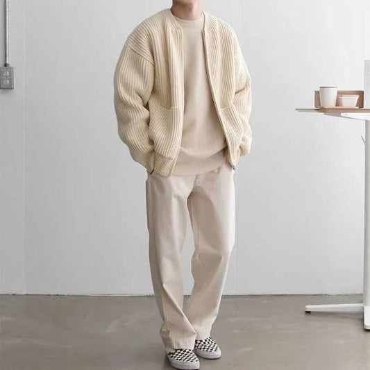 Strickjacke – Grob gestrickte Herrenjacke mit durchgehendem Reißverschluss und Taschen-Weiß-S-Chaps Herrenmode