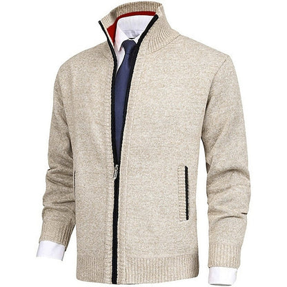 Strickjacke - Herren-Stehkragen-Zip-Strickjacke mit Taschen-XS-Beige-Chaps Herrenmode
