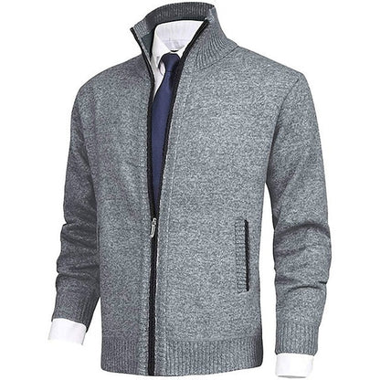 Strickjacke - Herren-Stehkragen-Zip-Strickjacke mit Taschen-XS-Hellgrau-Chaps Herrenmode