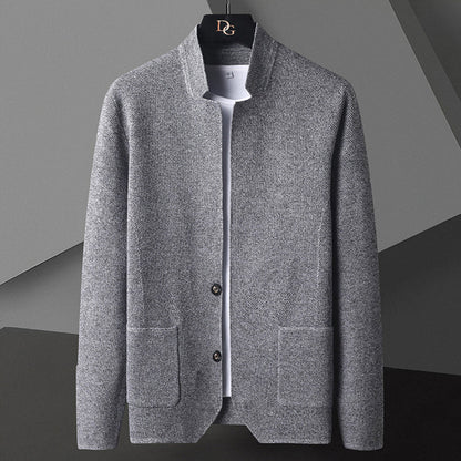 Strickjacke – Jacke – mit Knöpfen – Taschen – Cardigan-Blazer – Herren-Strickjacke-Grau-M-Chaps Herrenmode
