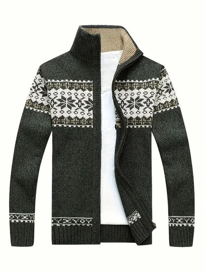 Strickjacke – Warme Winter-Strickjacke für Herren mit Reißverschluss und Schneeflockenmotiv-Grün-S-Chaps Herrenmode