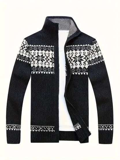 Strickjacke – Warme Winter-Strickjacke für Herren mit Reißverschluss und Schneeflockenmotiv-Schwarz-S-Chaps Herrenmode