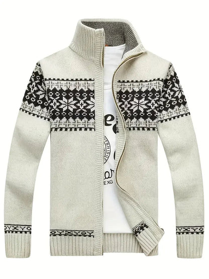 Strickjacke – Warme Winter-Strickjacke für Herren mit Reißverschluss und Schneeflockenmotiv-Weiß-S-Chaps Herrenmode