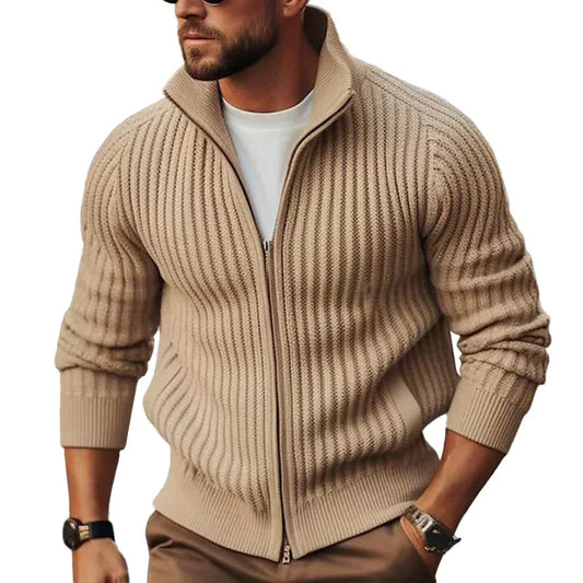 Strickjacke – durchgehend mit Reißverschluss – Rippstrick – Reißverschlussjacke – Herrenjacke-Braun-S-Chaps Herrenmode