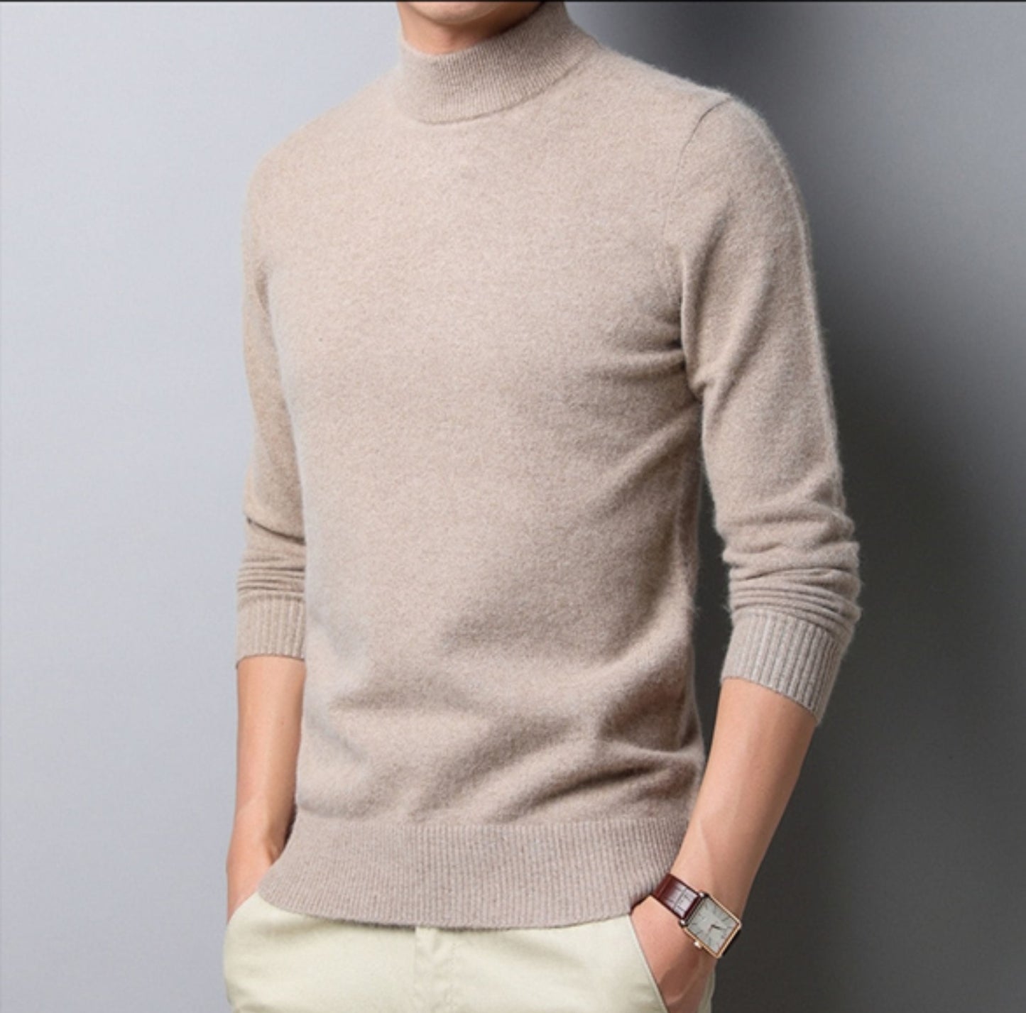 Strickpullover – Einfarbiger Rollkragenpullover für Männer-Khaki-S-Chaps Herrenmode