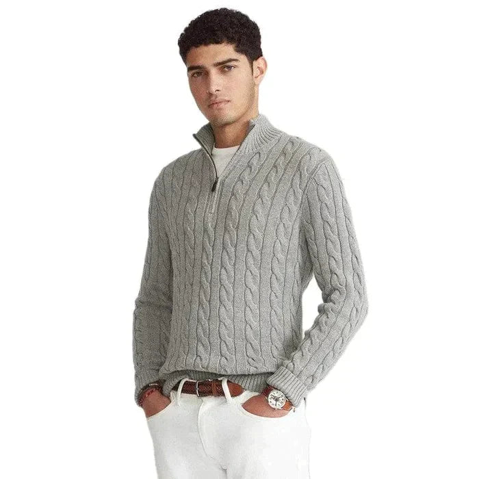 Strickpullover – Herren-Pullover mit Zopfmuster und Viertelreißverschluss-Chaps Herrenmode