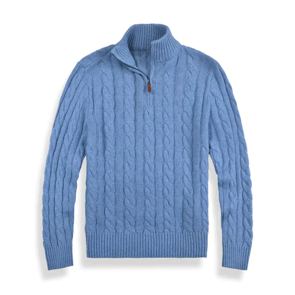 Strickpullover – Herren-Pullover mit Zopfmuster und Viertelreißverschluss-Grau Blau-S-Chaps Herrenmode