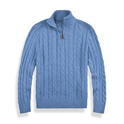 Strickpullover – Herren-Pullover mit Zopfmuster und Viertelreißverschluss-Grau Blau-S-Chaps Herrenmode
