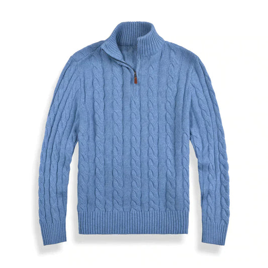 Strickpullover – Herren-Pullover mit Zopfmuster und Viertelreißverschluss-Grau Blau-S-Chaps Herrenmode