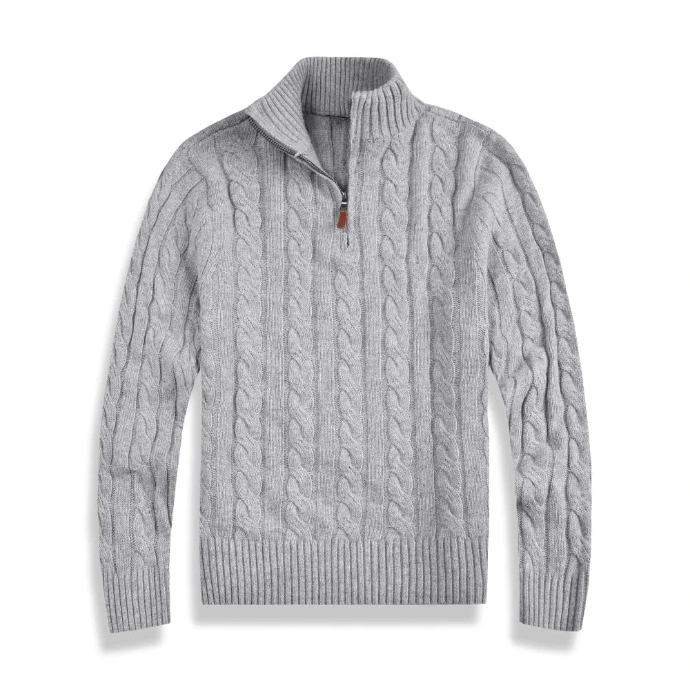 Strickpullover – Herren-Pullover mit Zopfmuster und Viertelreißverschluss-Grau-S-Chaps Herrenmode