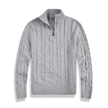 Strickpullover – Herren-Pullover mit Zopfmuster und Viertelreißverschluss-Grau-S-Chaps Herrenmode