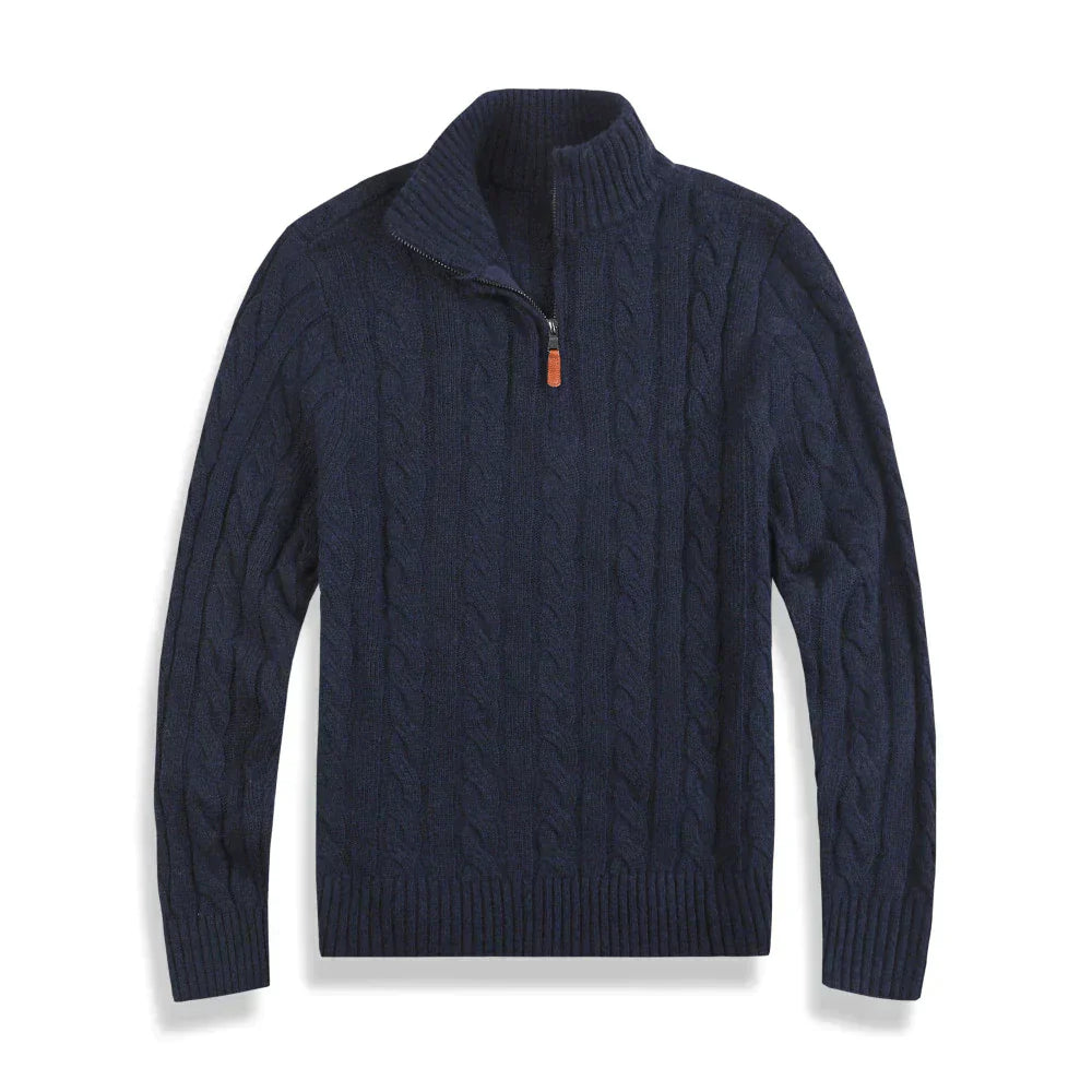 Strickpullover – Herren-Pullover mit Zopfmuster und Viertelreißverschluss-Marineblau-S-Chaps Herrenmode