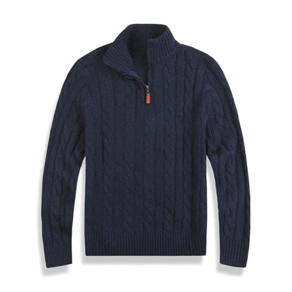 Strickpullover – Herren-Pullover mit Zopfmuster und Viertelreißverschluss-Marineblau-S-Chaps Herrenmode
