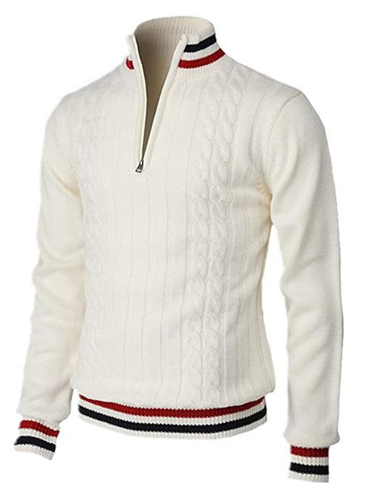 Strickpullover - Zopfstrick - Stehkragen - Half Zip Pullover-Weiß-S-Chaps Herrenmode