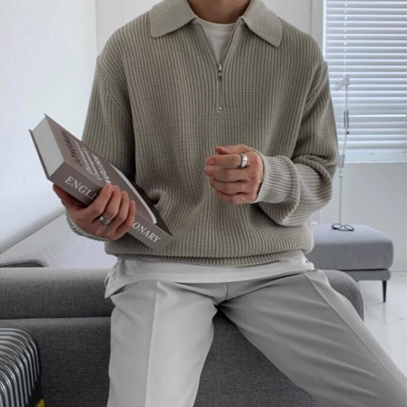 Strickpullover – lockere Passform – langärmlig – mit halbem Reißverschluss – Herrenbekleidung-Grau-M-Chaps Herrenmode