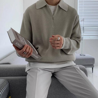 Strickpullover – lockere Passform – langärmlig – mit halbem Reißverschluss – Herrenbekleidung-Grau-M-Chaps Herrenmode