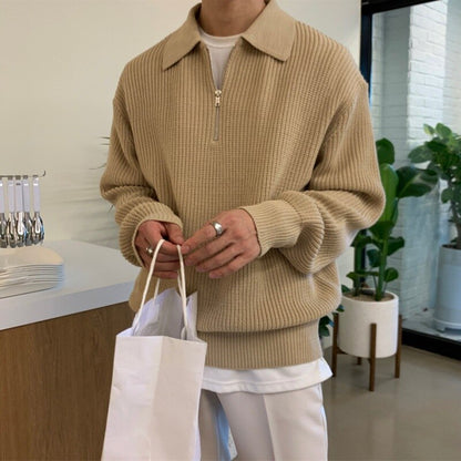 Strickpullover – lockere Passform – langärmlig – mit halbem Reißverschluss – Herrenbekleidung-Khaki-M-Chaps Herrenmode