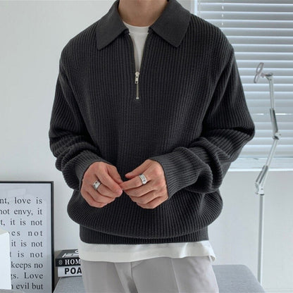 Strickpullover – lockere Passform – langärmlig – mit halbem Reißverschluss – Herrenbekleidung-Schwarz-M-Chaps Herrenmode