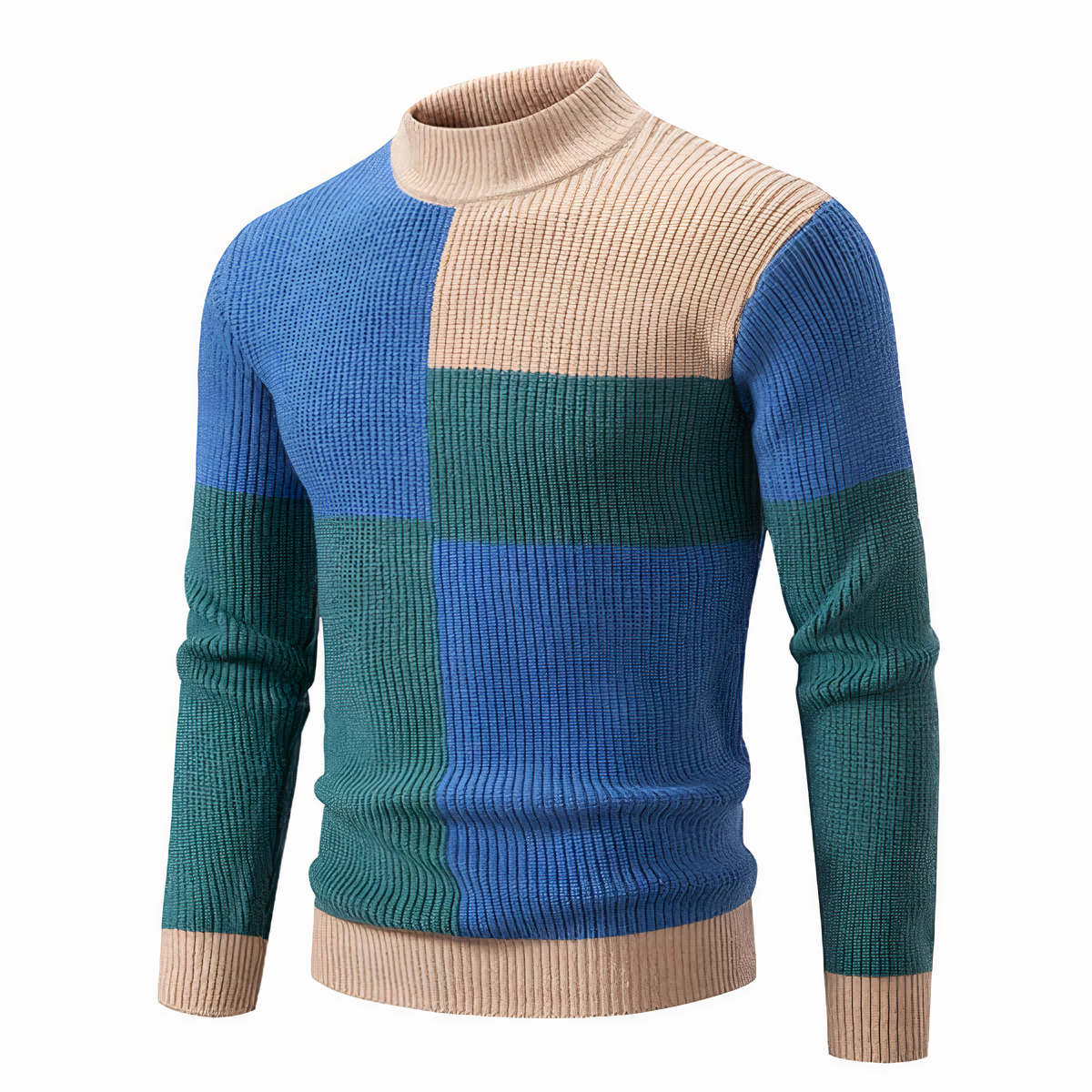 Strickpullover – schmal geschnittener Herren-Pullover mit hohem Kragen und Patchworkmuster-Blau-Grün-S-Chaps Herrenmode