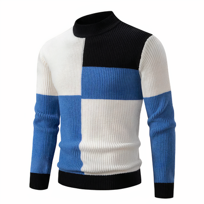 Strickpullover – schmal geschnittener Herren-Pullover mit hohem Kragen und Patchworkmuster-Blau-Weiß-S-Chaps Herrenmode