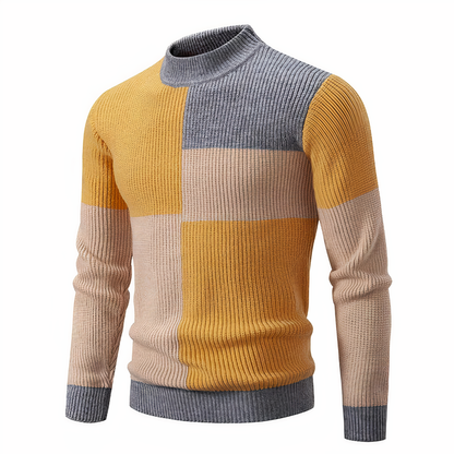 Strickpullover – schmal geschnittener Herren-Pullover mit hohem Kragen und Patchworkmuster-Gelb-Grau-Khaki-S-Chaps Herrenmode