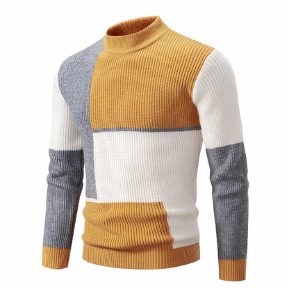 Strickpullover – schmal geschnittener Herren-Pullover mit hohem Kragen und Patchworkmuster-Gelb-Grau-S-Chaps Herrenmode