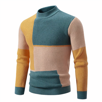 Strickpullover – schmal geschnittener Herren-Pullover mit hohem Kragen und Patchworkmuster-Gelb-Khaki-S-Chaps Herrenmode