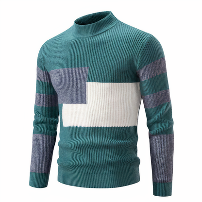 Strickpullover – schmal geschnittener Herren-Pullover mit hohem Kragen und Patchworkmuster-Grün-Grau-S-Chaps Herrenmode