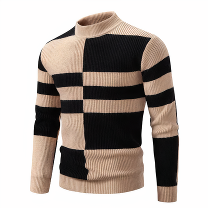 Strickpullover – schmal geschnittener Herren-Pullover mit hohem Kragen und Patchworkmuster-Khaki-Schwarz-S-Chaps Herrenmode