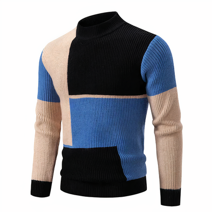 Strickpullover – schmal geschnittener Herren-Pullover mit hohem Kragen und Patchworkmuster-Schwarz-Blau-S-Chaps Herrenmode