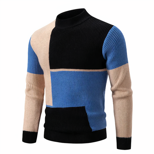 Strickpullover – schmal geschnittener Herren-Pullover mit hohem Kragen und Patchworkmuster-Schwarz-Blau-S-Chaps Herrenmode