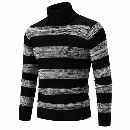 Strickpullover – schmal geschnittener Herren-Pullover mit hohem Kragen und Patchworkmuster-Schwarz-Grau-S-Chaps Herrenmode