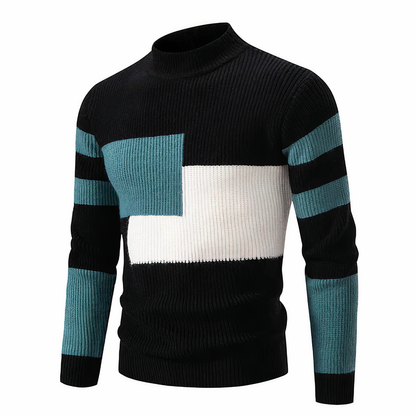 Strickpullover – schmal geschnittener Herren-Pullover mit hohem Kragen und Patchworkmuster-Schwarz-Grün-S-Chaps Herrenmode