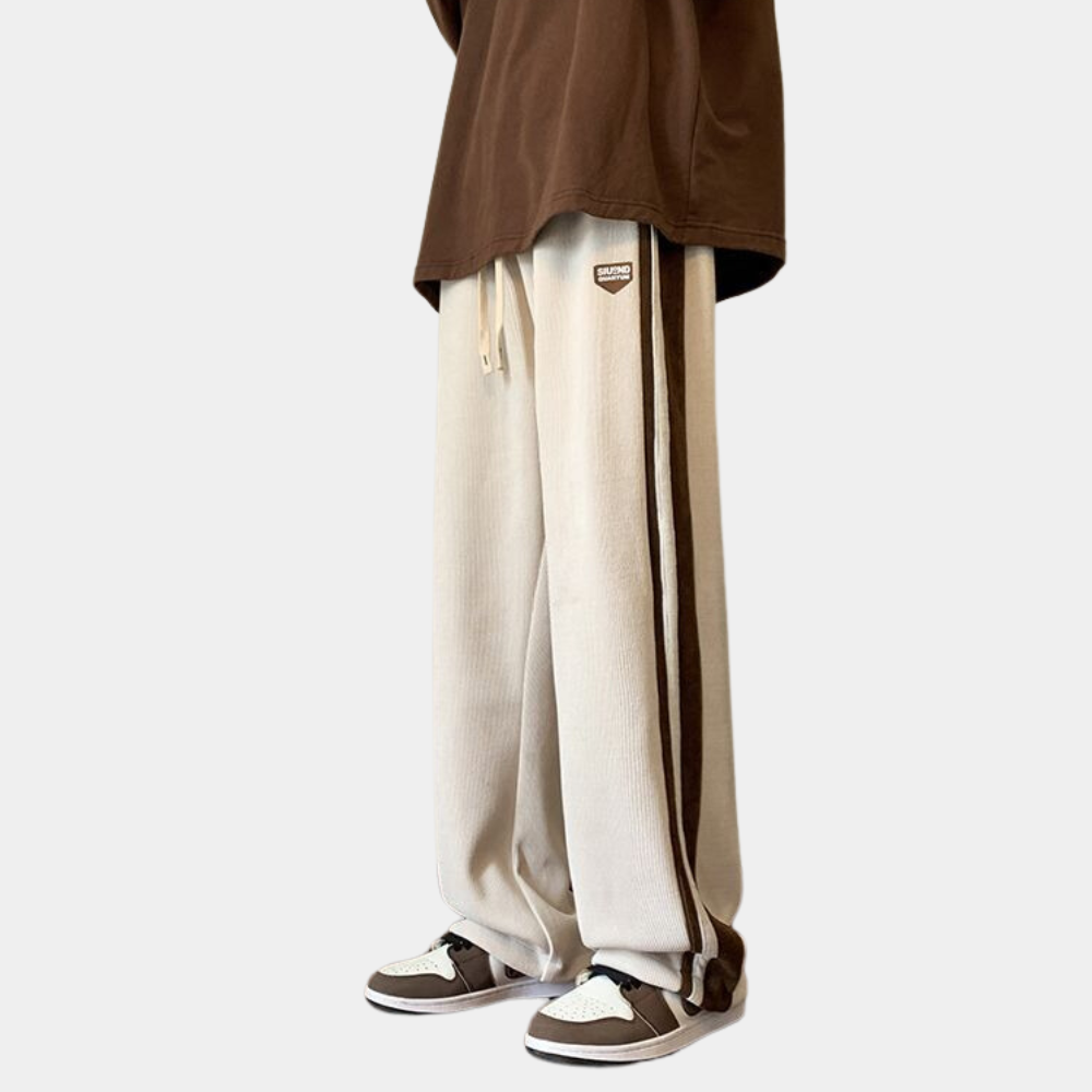 Sweatpants - Gestreifte Herren Jogger mit weitem Bein und lockerer Passform-Beige-36-Chaps Herrenmode