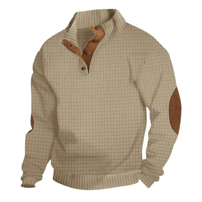 Sweatshirt - Warmer Waffelpullover für Männer mit Ellbogenaufnähern-Khaki-S-Chaps Herrenmode