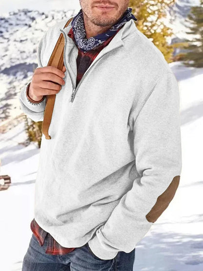 Sweatshirt mit Reißverschluss | Lässig | Ellbogen-Aufnäher | Sweatshirt mit halbem Reißverschluss | Herrenbekleidung-Weiß-M-Chaps Herrenmode