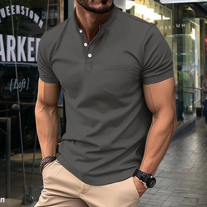 T-Shirt – Bequemes Kurzarm-Polohemd mit Knopfleiste für Herren-Grau-S-Chaps Herrenmode
