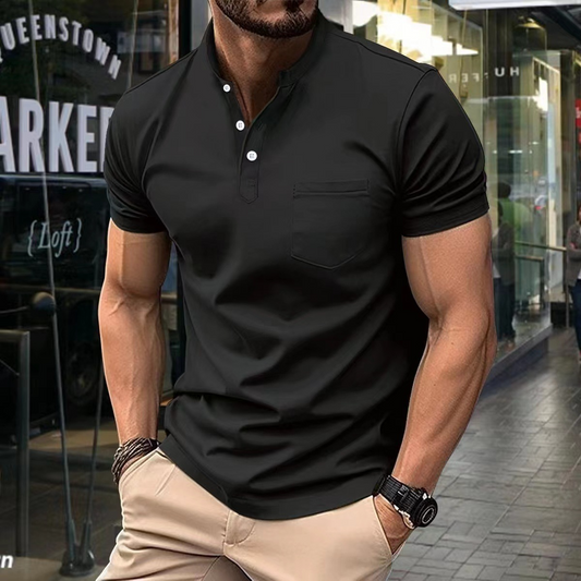 T-Shirt – Bequemes Kurzarm-Polohemd mit Knopfleiste für Herren-Schwarz-S-Chaps Herrenmode