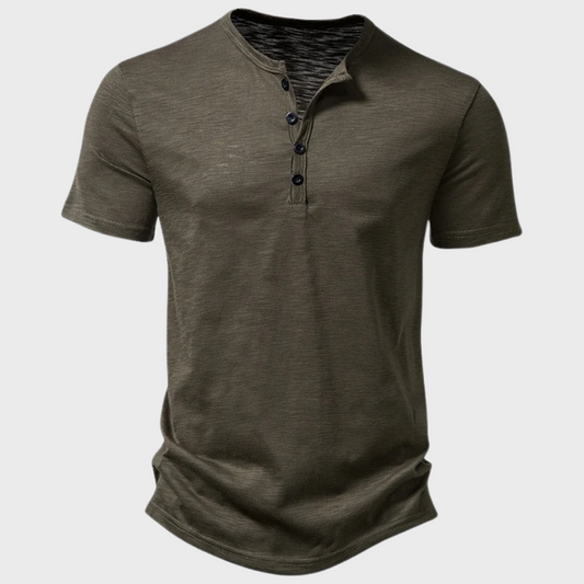T-Shirt – Kurzarm – V-Ausschnitt – Halbknopfleiste – Herren-T-Shirt-Armeegrün-S-Chaps Herrenmode