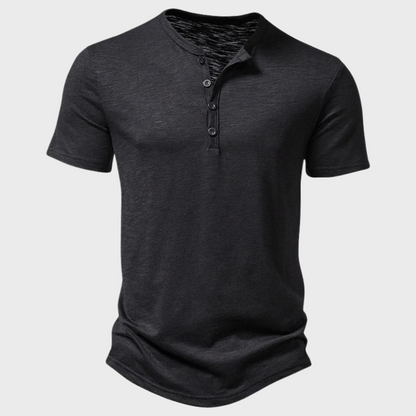 T-Shirt – Kurzarm – V-Ausschnitt – Halbknopfleiste – Herren-T-Shirt-Schwarz-S-Chaps Herrenmode
