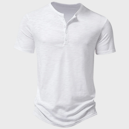 T-Shirt – Kurzarm – V-Ausschnitt – Halbknopfleiste – Herren-T-Shirt-Weiß-S-Chaps Herrenmode