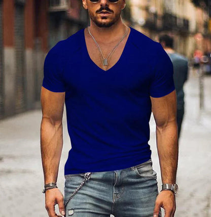 T-Shirt - Kurzärmelige Herren T-Shirts mit V-Ausschnitt und schmaler Passform-Blau-XS-Chaps Herrenmode