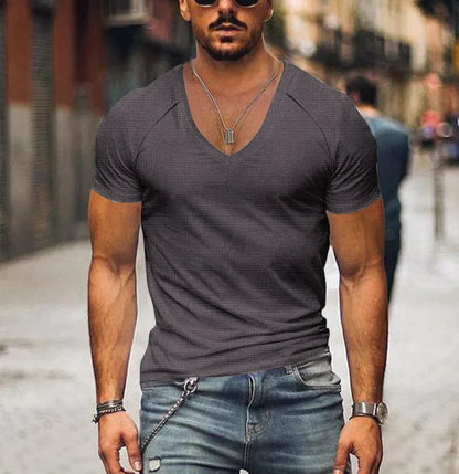 T-Shirt - Kurzärmelige Herren T-Shirts mit V-Ausschnitt und schmaler Passform-Dunkelgrau-XS-Chaps Herrenmode