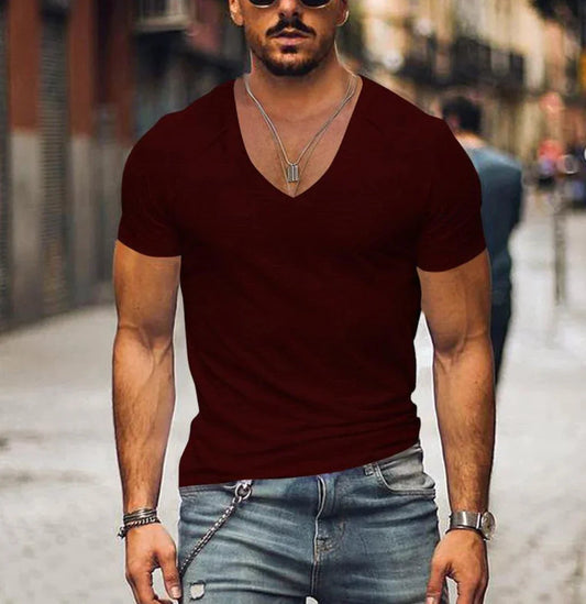 T-Shirt - Kurzärmelige Herren T-Shirts mit V-Ausschnitt und schmaler Passform-Rot-XS-Chaps Herrenmode