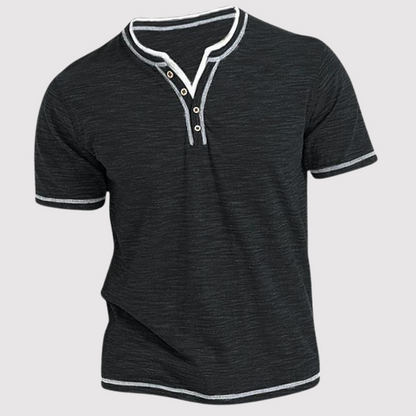 T-Shirt - Lässiges Herren T-Shirt mit Rundhalsausschnitt und halber Knopfleiste-Schwarz-S-Chaps Herrenmode