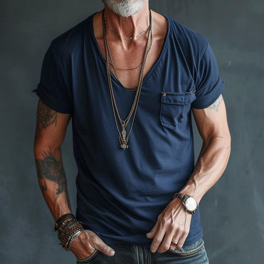 T-Shirt – Leicht – Normale Passform – T-Shirt mit V-Ausschnitt – Herrenhemden-Blau-S-Chaps Herrenmode