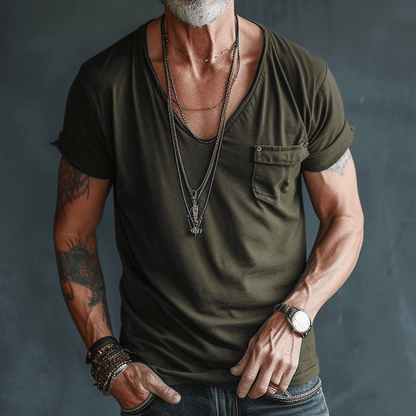 T-Shirt – Leicht – Normale Passform – T-Shirt mit V-Ausschnitt – Herrenhemden-Grün-S-Chaps Herrenmode